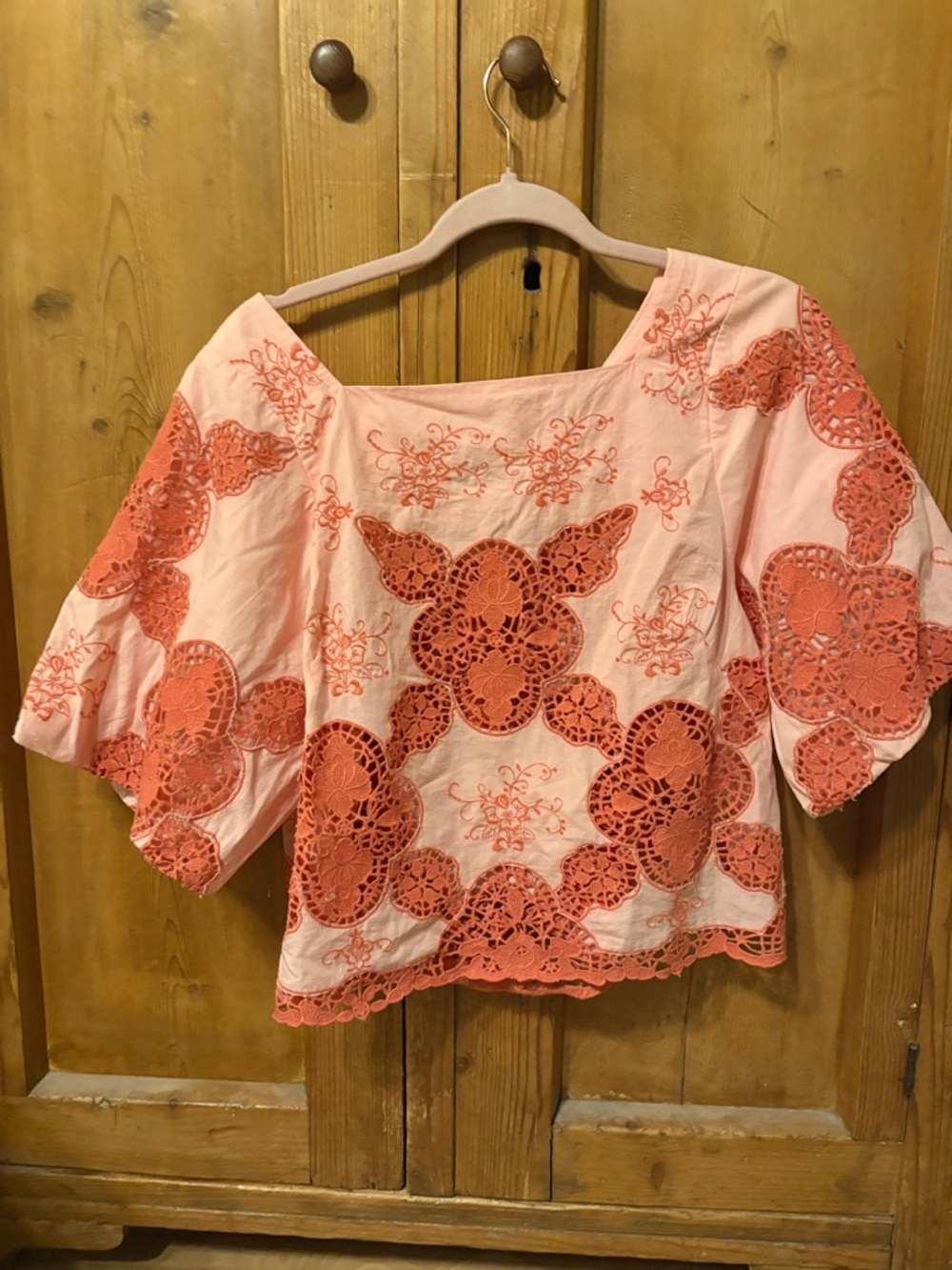 Anthropologie Peach Top with Coral Eyelet Lace